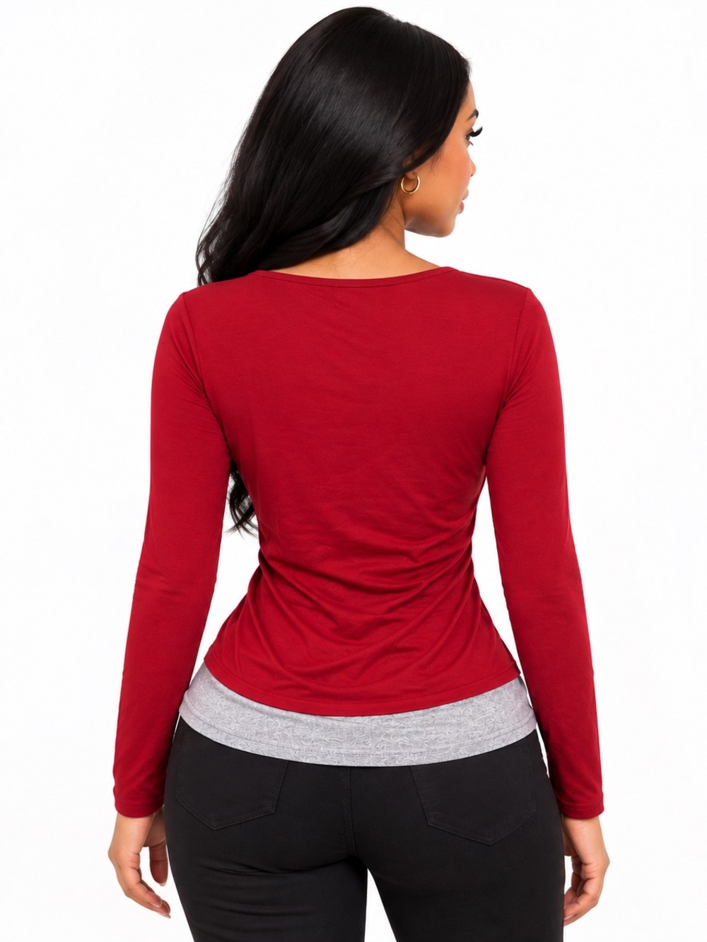 Button-Front Ruched Long Sleeve Top - Red - Picture 2 of 2